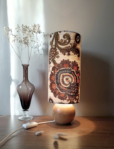 Lampe à poser bois vintage abat-jour tissu seventies authentique 