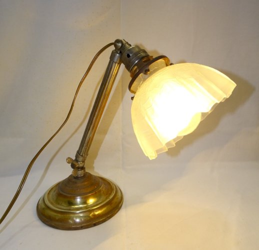 -LAMPE A POSER DEBUT XXe SOCLE BRONZE TIGE EXTENSIBLE TULIPE VERRE Craquelé   D