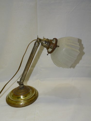 -LAMPE A POSER DEBUT XXe SOCLE BRONZE TIGE EXTENSIBLE TULIPE VERRE Craquelé   D