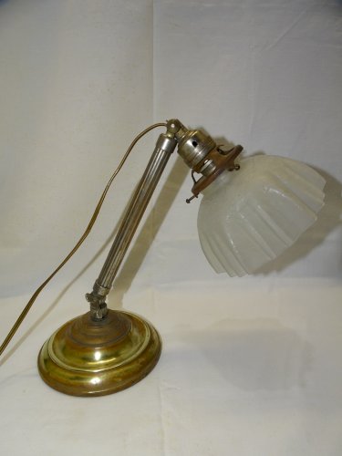 -LAMPE A POSER DEBUT XXe SOCLE BRONZE TIGE EXTENSIBLE TULIPE VERRE Craquelé   D