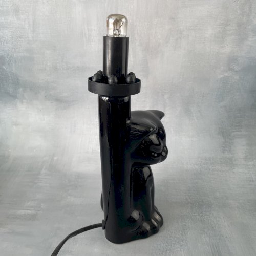 Lampe à poser vintage chat noir en céramique sans globe