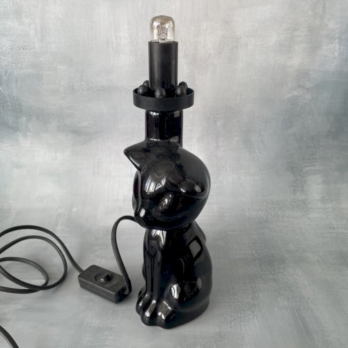 Lampe à poser vintage chat noir en céramique sans globe