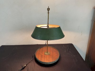 Empire Bronze bouillotte lamp, tinned lampshade, wooden trays.