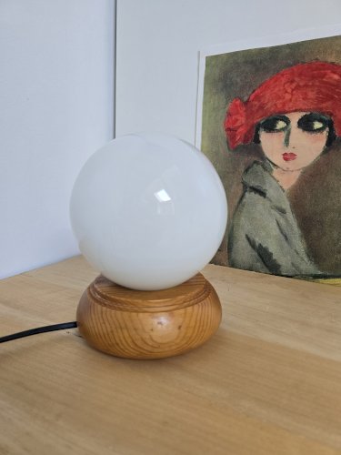 LAMPE BOULE ANCIENNE GLOBE OPALINE / PIN - VINTAGE - ANNÉES 80 