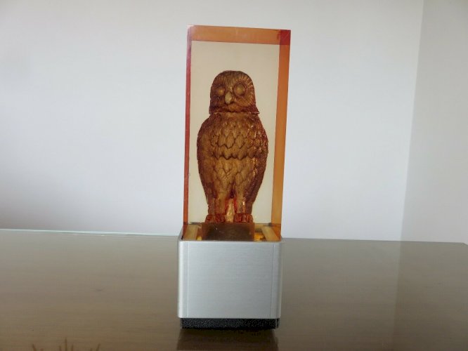 LAMPE DAMBIANCE EN RESINE A INCLUSION PIERRE GIRAUDON CHOUETTE OU HIBOU 1960 