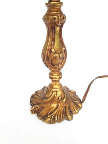 Lampe pied bronze doré 19ème toile de Jouy aux putti