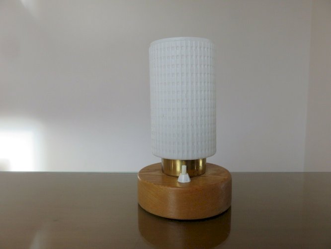 LAMPE SCANDINAVE EN BOIS, LAITON ET VERRE GAUFRE ANNEES 70 VINTAGE