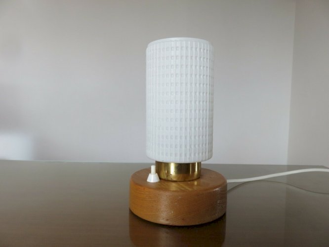 LAMPE SCANDINAVE EN BOIS, LAITON ET VERRE GAUFRE ANNEES 70 VINTAGE