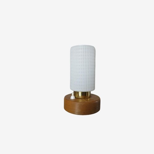 LAMPE SCANDINAVE EN BOIS, LAITON ET VERRE GAUFRE ANNEES 70 VINTAGE