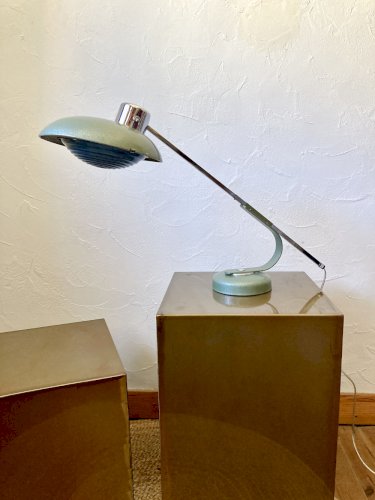 Lampe télescopique Solère, peinture martelée & diffuseur bleu, années 1950