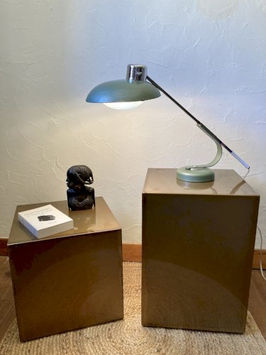 Lampe télescopique Solère, peinture martelée & diffuseur bleu, années 1950