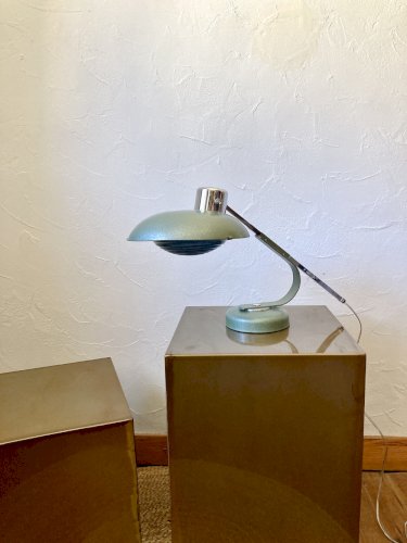 Lampe télescopique Solère, peinture martelée & diffuseur bleu, années 1950