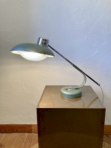 Lampe télescopique Solère, peinture martelée & diffuseur bleu, années 1950