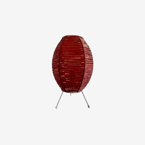 LAMPE TRIPODE ANNEES 50 RUBAN PLASTIQUE ROUGE ORANGE ET METAL LAQUE BLANC
