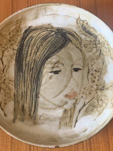 Le brescon céramique Vallauris superbe plat au portrait féminin 1960's