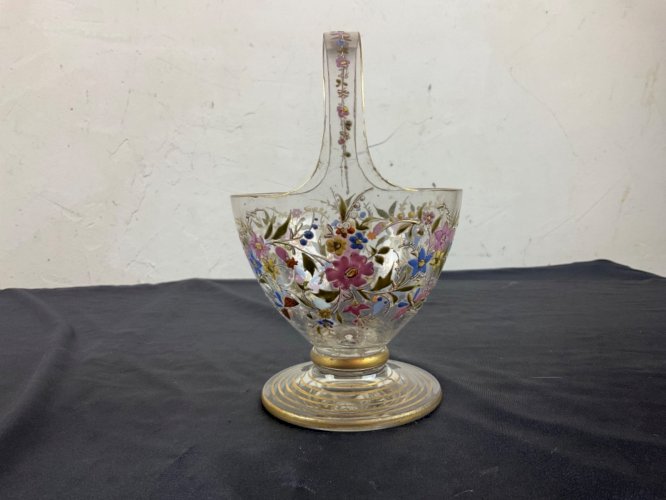 LEGRAS PANIER vase émaillé décor floral et PAPILLON art nouveau  MONTJOYE