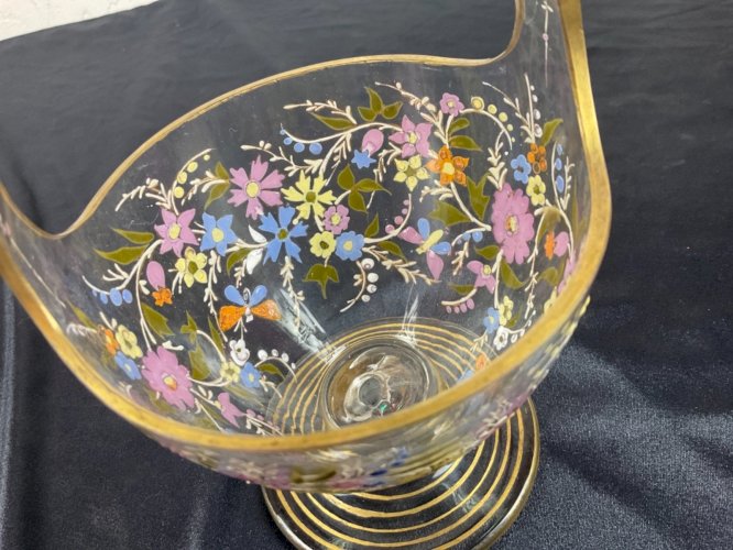 LEGRAS PANIER vase émaillé décor floral et PAPILLON art nouveau  MONTJOYE