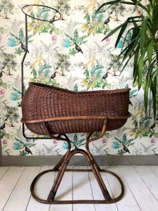 Lit Bebe Vintage En Rotin Et Osier, Meuble Berceau Ancien, Moise