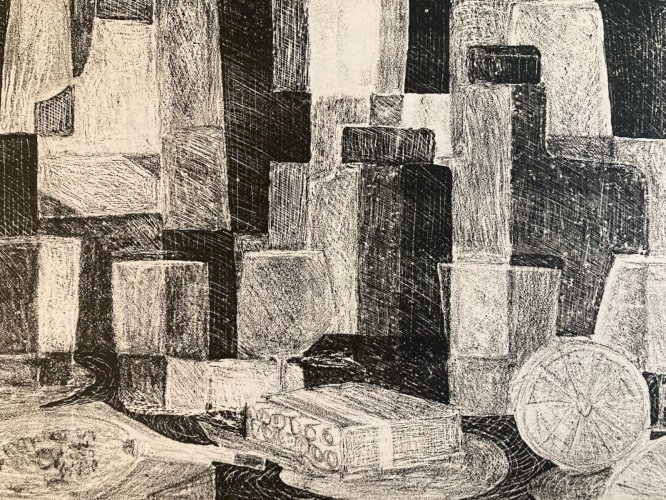 Lithographie 1970 Nature Morte Au Citron Cubisme Cubiste Art A Identifier