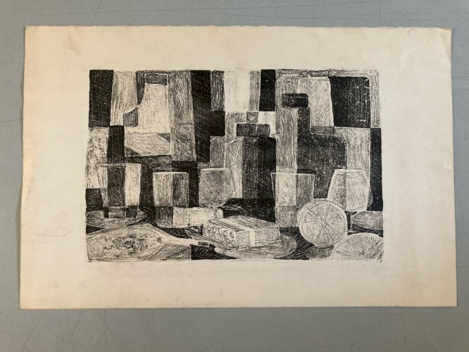 Lithographie 1970 Nature Morte Au Citron Cubisme Cubiste Art A Identifier