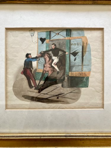 Lithographie ancienne Le Charivari 1844 encadrée – Cadre doré XIXe