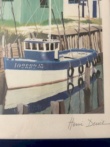 lithographie  chenal ostréicole  signée Henri Deuil