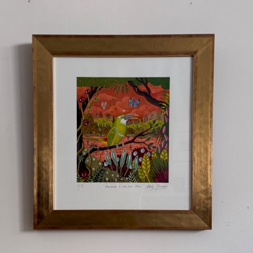 Lithographie contresignée Alain Thomas oiseau toucanet à ceinture bleue A5877