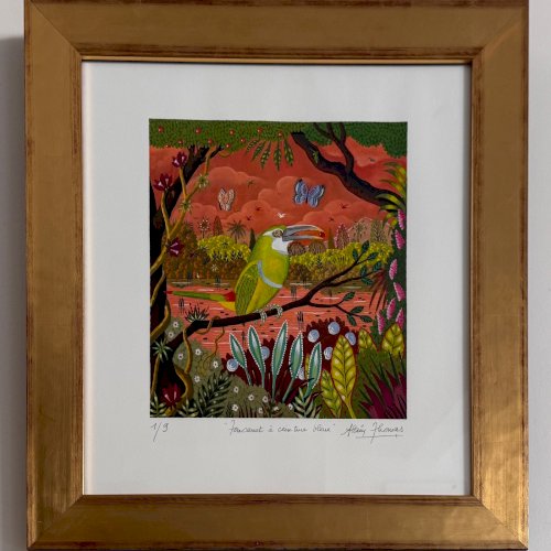Lithographie contresignée Alain Thomas oiseau toucanet à ceinture bleue A5877