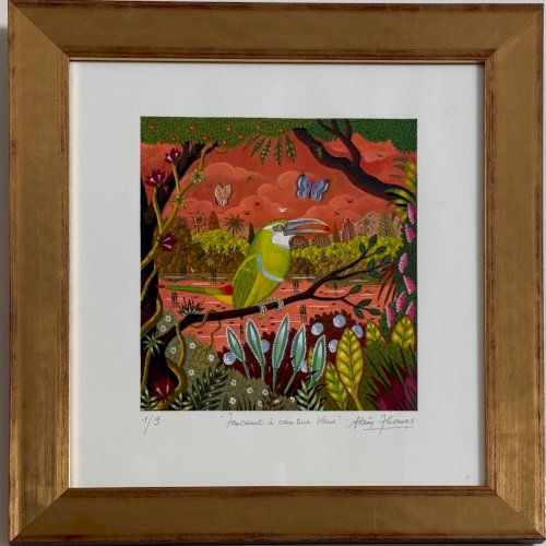 Lithographie contresignée Alain Thomas oiseau toucanet à ceinture bleue A5877