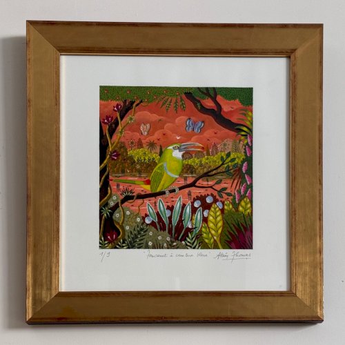 Lithographie contresignée Alain Thomas oiseau toucanet à ceinture bleue A5877