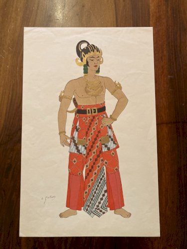 Lithographie d'Emile Gallois Costume indonésien 1950 Estampe Art Ancien