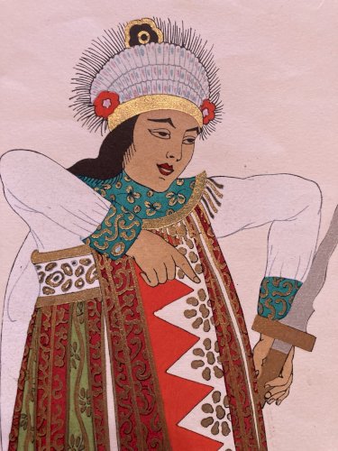 Lithographie d'Emile Gallois Costume indonésien Estampe Art Ancien 1950