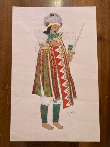 Lithographie d'Emile Gallois Costume indonésien Estampe Art Ancien 1950