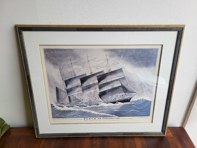 LITHOGRAPHIE ENCADREE BATEAU LE 4 MATS FLEUR DE STRASBOURG DE PAUL EMILE PAJOTS