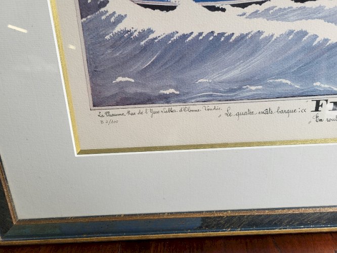 LITHOGRAPHIE ENCADREE BATEAU LE 4 MATS FLEUR DE STRASBOURG DE PAUL EMILE PAJOTS