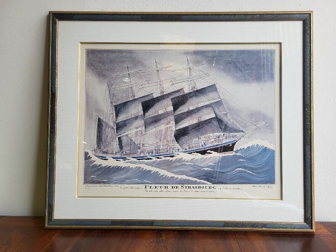 LITHOGRAPHIE ENCADREE BATEAU LE 4 MATS FLEUR DE STRASBOURG DE PAUL EMILE PAJOTS