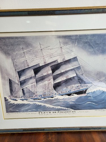 LITHOGRAPHIE ENCADREE BATEAU LE 4 MATS FLEUR DE STRASBOURG DE PAUL EMILE PAJOTS