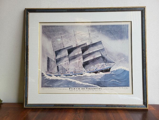 LITHOGRAPHIE ENCADREE BATEAU LE 4 MATS FLEUR DE STRASBOURG DE PAUL EMILE PAJOTS