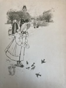 Lithographie Gravure Estampe XIXe 1900 Jacques Wely Fille Oiseau Ancien