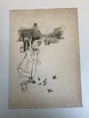 Lithographie Gravure Estampe XIXe 1900 Jacques Wely Fille Oiseau Ancien