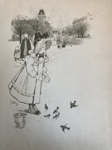 Lithographie Gravure Estampe XIXe 1900 Jacques Wely Fille Oiseau Ancien