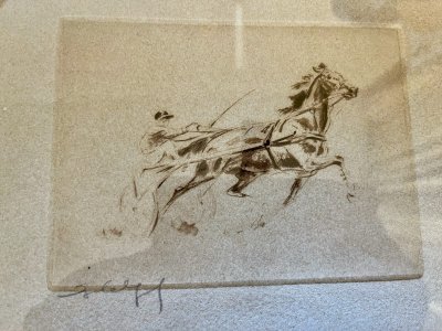 original signed lithograph race, sulky, jockey, horses, vintage trotter