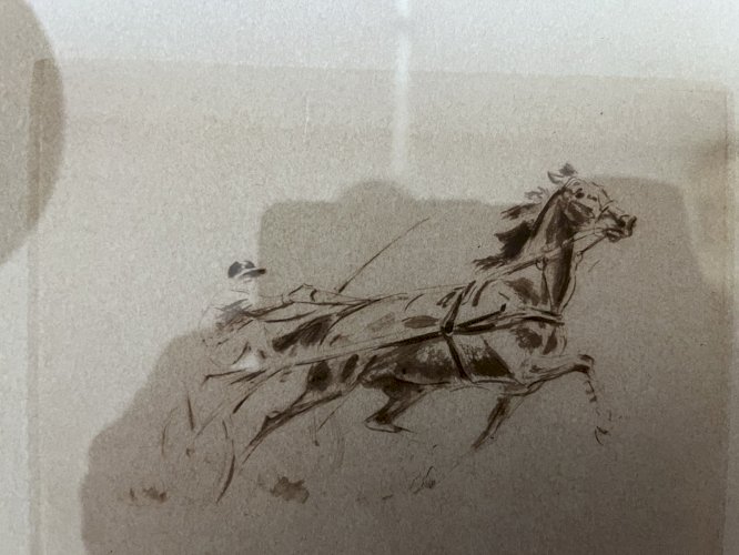 lithographie originale signée course , sulky , jockey, chevaux, vintage trotteur