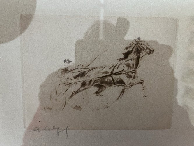 lithographie originale signée course , sulky , jockey, chevaux, vintage trotteur