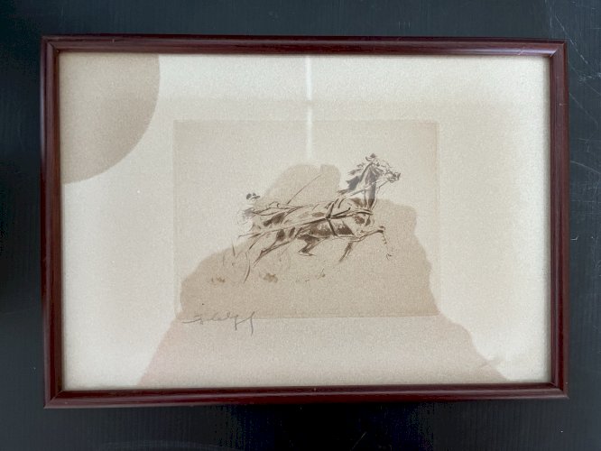 lithographie originale signée course , sulky , jockey, chevaux, vintage trotteur