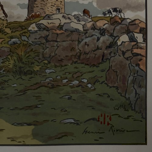 Lithographie par Henri Rivière - Vieux moulin à Loguivy A5664