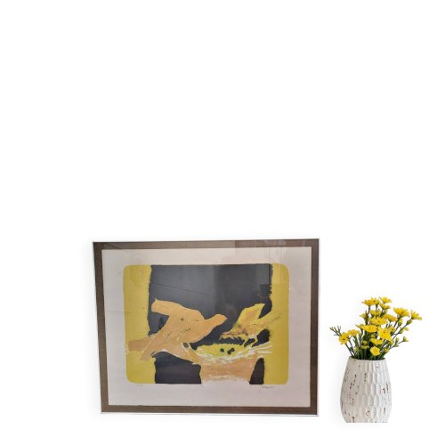 Lithographie Paul Guiramand (1926 - 2007) Oiseaux autours du nid.