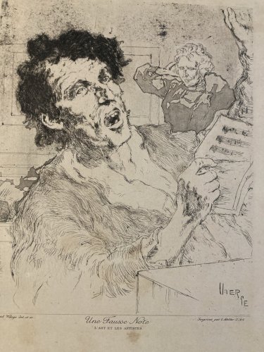 Lithographie signée Daniel Vierge Gravure Estampe Art Ancien Musique Notes