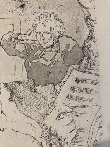 Lithographie signée Daniel Vierge Gravure Estampe Art Ancien Musique Notes
