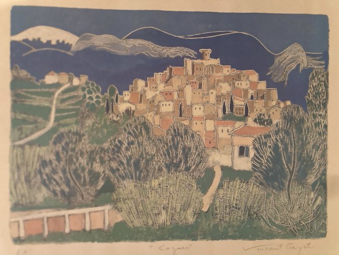 lithographie  Vincent Gayet EA  "Cagnes " Provence Alpes Maritimes sud